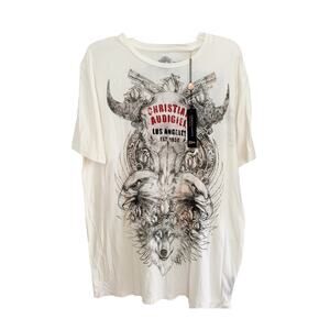 Christian Audigier Cream Bull Skull Wolf Embellished Graphic Tee NWT